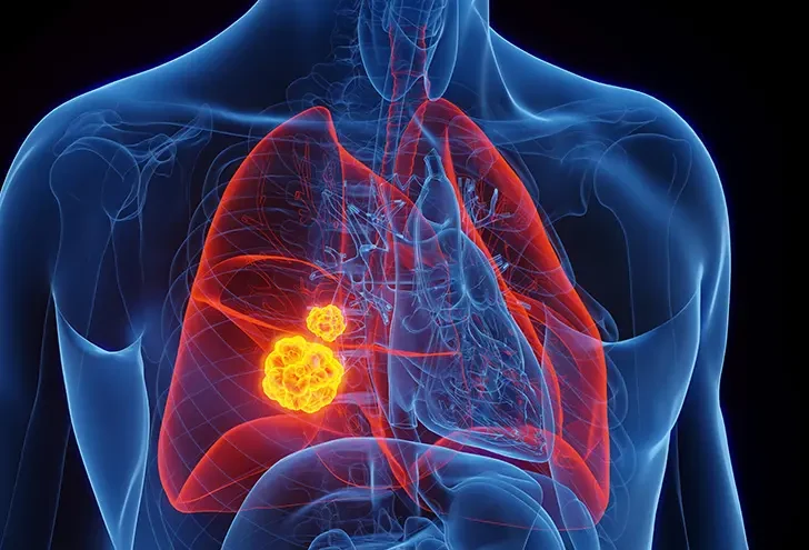 Illustration of the lungs and chest with two lung tumors highlighted